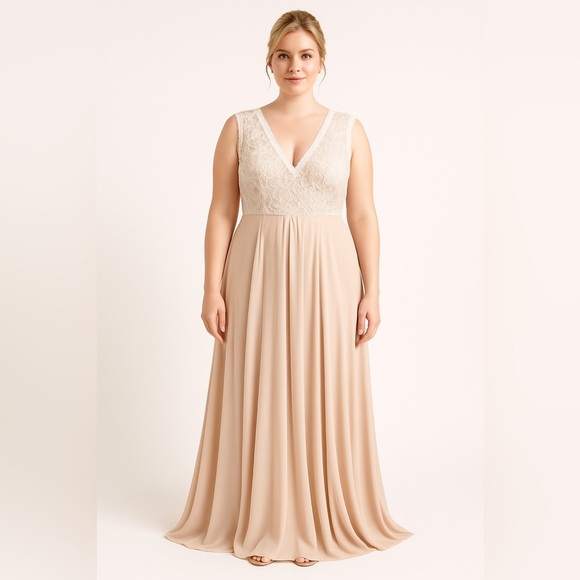 Morilee By Madeline Gardner Evening Gown Formal Lace Chiffon Beige Dress 20 - Picture 1 of 8